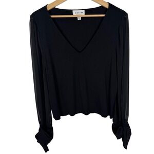 Highline Collective Black Blouse Top Long Sheer Sleeves V Neck Womens Size XL